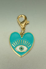 Gold Turquoise Heart Evil Eye Bag Charm • Enamel Clip-On Talisman