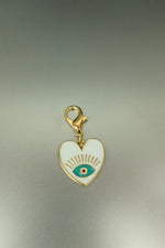 Gold White Heart Evil Eye Bag Charm • Enamel Clip-On Talisman