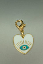 Gold White Heart Evil Eye Bag Charm • Enamel Clip-On Talisman